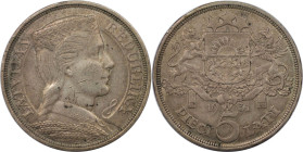 Europäische Münzen und Medaillen, Lettland / Latvia. 5 Lati 1931. 25,0 g. 0.835 Silber. 0.67 OZ. KM 9. Vorzüglich. Kratzer. Feine Patina