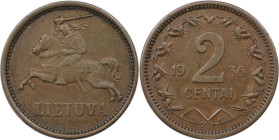 Europäische Münzen und Medaillen, Litauen / Lithuania. 2 Centai 1936. Bronze. KM 80. Vorzüglich