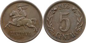Europäische Münzen und Medaillen, Litauen / Lithuania. 5 Centai 1936. Bronze. KM 81. Vorzüglich