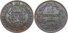 Europäische Münzen und Medaillen, Luxemburg / Luxembourg. Wilhelm III. (1849-1890). 10 Centimes 1870. Bronze. KM 23.1. Stempelglanz