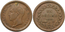 Europäische Münzen und Medaillen, Monaco. Honore V. (1819-1841). 10 Centimes 1838 MC. Kupfer. KM 97.1, Gad. 111. Sehr schön-vorzüglich