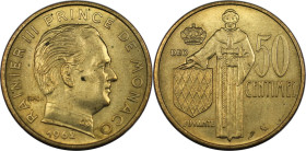 Europäische Münzen und Medaillen, Monaco. Rainier III. 50 Centimes 1962. Aluminium-Bronze. KM 144. Fast Stempelglanz