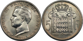 Europäische Münzen und Medaillen, Monaco. Rainier III. 5 Francs 1966. 12,0 g. 0.835 Silber. 0.32 OZ. KM 141. Fast Stempelglanz