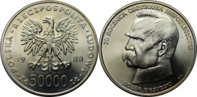 Europäische Münzen und Medaillen, Polen / Poland. 70.Jahrestag der Wiedererlangung der polnischen Unabhängigkeit. Jozef Pilsudski. 50000 Zlotych 1988....