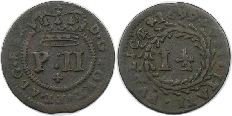 Europäische Münzen und Medaillen, Portugal. Pedro II. 1-1/2 Reis 1699. Kupfer. K...