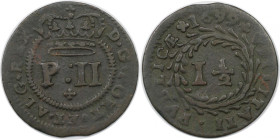 Europäische Münzen und Medaillen, Portugal. Pedro II. 1-1/2 Reis 1699. Kupfer. KM 165. Sehr schön