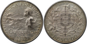 Europäische Münzen und Medaillen, Portugal. 1 Escudo 1914, auf die Republikgründung 5. Oktober 1910. Silber. KM 560. Sehr schön-vorzüglich