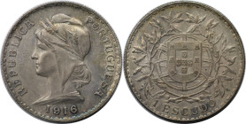 Europäische Münzen und Medaillen, Portugal. 1 Escudo 1916, Silber. KM 564. Fast Vorzüglich