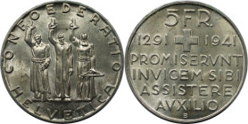 Europäische Münzen und Medaillen, Schweiz / Switzerland. 650 Jahre Eidgenossenschaft. 5 Franken 1941 B. 15,0 g. 0.835 Silber. 0.40 OZ. KM 44. Stempelg...