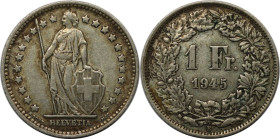 Europäische Münzen und Medaillen, Schweiz / Switzerland. 1 Franken 1945, Silber. KM 24. Sehr schön-vorzüglich