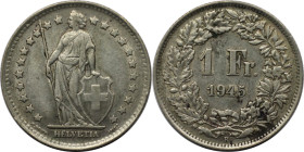 Europäische Münzen und Medaillen, Schweiz / Switzerland. 1 Franken 1945, Silber. KM 24. Sehr schön-vorzüglich