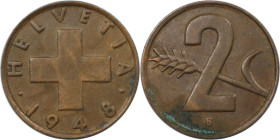 Europäische Münzen und Medaillen, Schweiz / Switzerland. 2 Rappen 1948. Bronze. KM 47. Vorzüglich. Min.Korrodiert