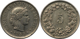 Europäische Münzen und Medaillen, Schweiz / Switzerland. 5 Rappen 1959. Kupfer-Nickel. KM 26. Fast Vorzüglich