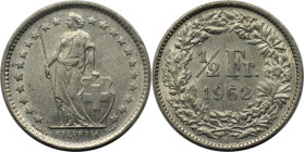 Europäische Münzen und Medaillen, Schweiz / Switzerland. 1/2 Franken 1962. 2,5 g. 0.835 Silber. 0.067 OZ. KM 23. Vorzüglich+