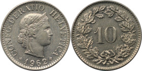 Europäische Münzen und Medaillen, Schweiz / Switzerland. 10 Rappen 1962, Kupfer-Nickel. KM 27. Vorzüglich