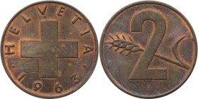Europäische Münzen und Medaillen, Schweiz / Switzerland. 2 Rappen 1963. Bronze. KM 47. Fast Stempelglanz