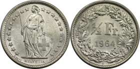 Europäische Münzen und Medaillen, Schweiz / Switzerland. 1/2 Franken 1964. 2,5 g. 0.835 Silber. 0.067 OZ. KM 23. Fast Stempelglanz