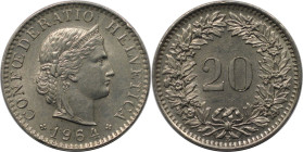 Europäische Münzen und Medaillen, Schweiz / Switzerland. 20 Rappen 1964. Kupfer-Nickel. KM 29a. Fast Stempelglanz