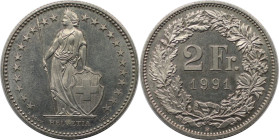 Europäische Münzen und Medaillen, Schweiz / Switzerland. 2 Franken 1991, Kupfer-Nickel. KM 21a.3. Stempelglanz