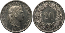 Europäische Münzen und Medaillen, Schweiz / Switzerland. 20 Rappen 1991. Kupfer-Nickel. KM 29a. Fast Stempelglanz