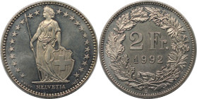 Europäische Münzen und Medaillen, Schweiz / Switzerland. 2 Franken 1992, Kupfer-Nickel. KM 21a.3. Stempelglanz