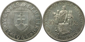 Europäische Münzen und Medaillen, Slowakei / Slovakia. Fürst Pribina. 10 Kronen 1944. Silber. KM 9. Vorzüglich-stempelglanz