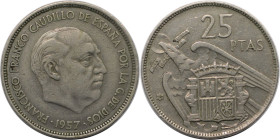 Europäische Münzen und Medaillen, Spanien / Spain. Francisco Franco (1939-1975). 25 Pesetas 1957. Kupfer-Nickel. KM 787. Sehr schön-vorzüglich
