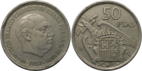 Europäische Münzen und Medaillen, Spanien / Spain. Francisco Franco (1939-1975). 50 Pesetas 1957. Kupfer-Nickel. KM 788. Sehr schön-vorzüglich