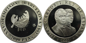 Europäische Münzen und Medaillen, Spanien / Spain. XXV. Olympische Sommerspiele, Barcelona 1992 - Tamusisches Boot. 2000 Pesetas 1990. 26,70 g. 0.925 ...