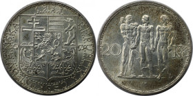 Europäische Münzen und Medaillen, Tschechoslowakei / Czechoslovakia. 20 Kronen 1933. 12,0 g. 0.700 Silber. 0.27 OZ. KM 17. Stempelglanz