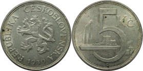 Europäische Münzen und Medaillen, Tschechoslowakei / Czechoslovakia. 5 Kronen 1930. 7,0 g. 0.500 Silber. 0.11 OZ. KM 11. Vorzüglich+