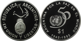 Weltmünzen und Medaillen, Argentinien / Argentina. 50 Jahre Vereinte Nationen. 1 Peso 1995. 25,0 g. 0.900 Silber. 0.72 OZ. KM 126. Polierte Platte