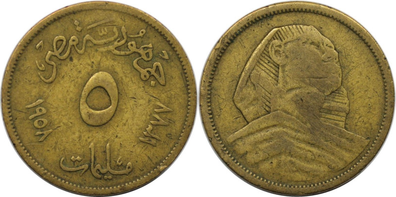 Weltmünzen und Medaillen, Ägypten / Egypt. Sphinx. 5 Piastres 1958. Bronze. KM 3...