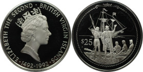 Weltmünzen und Medaillen, Britische Jungferninseln / British Virgin Islands. Entdeckung Amerikas - Kolumbus am Ufer. 25 Dollars 1992. 21,54 g. 0.925 S...