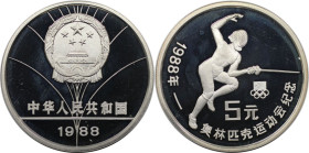 Weltmünzen und Medaillen, China. Olympische Sommerspiele 1988 in Seoul - Segelmeisterschaft. 5 Yuan 1988. 27,0 g. 0.900 Silber. 0.78 OZ. KM 204. Polie...