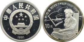 Weltmünzen und Medaillen, China. Mark Twain. 10 Yuan 1991. 27,0 g. 0.925 Silber. 0.80 OZ. KM 373. Polierte Platte