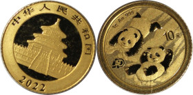 Weltmünzen und Medaillen, China. 40. Jahrestag der Panda-Prägung. 10 Yuan 2022. 1 g. 0.999 Gold. KM UC# 247. Stempelglanz. Original Folie
