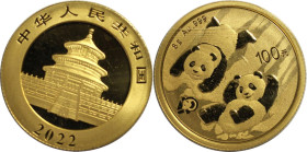 Weltmünzen und Medaillen, China. 40. Jahrestag der Panda-Prägung. 100 Yuan 2022. 8 g. 0.999 Gold. KM UC# 441. Stempelglanz. Original Folie