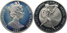 Weltmünzen und Medaillen, Cookinseln / Cook Islands. Olympische Sommerspiele Seoul Korea. 50 Dollars 1987. 28,28 g. 0.925 Silber. 0.84 OZ. KM 40. Poli...