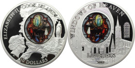 Weltmünzen und Medaillen, Cookinseln / Cook Islands. "WINDOWS OF HEAVEN" LOURDES. 10 Dollars 2013, 0.925 Silber. 50 g. 50 mm. Prooflike mit Kapsel. Um...