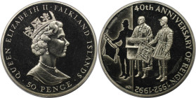 Weltmünzen und Medaillen, Falklandinseln / Falkland islands. 40. Jahrestag der Thronbesteigung / Regierungsjubiläum. 50 Pence 1992. Kupfer-Nickel. KM ...