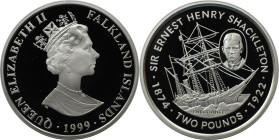 Weltmünzen und Medaillen, Falklandinseln / Falkland islands. Sir Ernest Henry Shackleton. 2 Pounds 1999. 28,28 g. 0.925 Silber. 0.84 OZ. KM 64a. Polie...