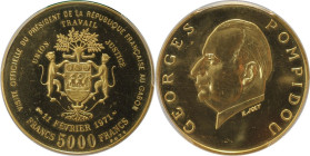Weltmünzen und Medaillen, Gabun / Gabon. Präsident Georges Pompidou. 5000 Francs 1971. 17,50 g. 0.900 Gold. 0.51 OZ. KM 11. PCGS PR65 DCAM