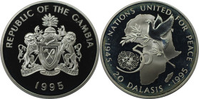 Weltmünzen und Medaillen, Gambia. 50 Jahre Vereinte Nationen. 20 Dalasis 1995. 28,28 g. 0.925 Silber. 0.84 OZ. KM 37a. Polierte Platte