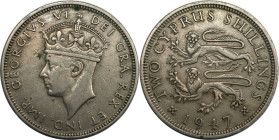 Weltmünzen und Medaillen, Zypern / Cyprus. George VI. (1937-1952). 1 Florin (2 Shillings) 1947. Kupfer-Nickel. KM 28. Sehr schön-vorzüglich