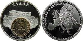 Medaillen und Jetons, Gedenkmedaillen. Griechenland / Greece. Athen Akropolis. Medaille Europäische Währung mit Inlay 5 Drachmen 1976. Polierte Platte...