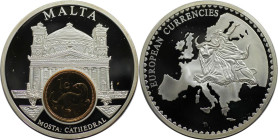 Medaillen und Jetons, Gedenkmedaillen. Malta. Kirche Mosta Kathedrale. Medaille Europäische Währung mit Inlay 1 Cent. Polierte Platte