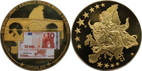 Medaillen und Jetons, Gedenkmedaillen. Farbmedaille - 10 Euro Schein - Europäische Währung 1. Januar 2002. Polierte Platte