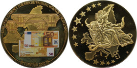 Medaillen und Jetons, Gedenkmedaillen. Farbmedaille - 50 Euro Schein - Europäische Währung 1. Januar 2002. Polierte Platte