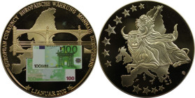 Medaillen und Jetons, Gedenkmedaillen. Farbmedaille - 100 Euro Schein - Europäische Währung 1. Januar 2002. Polierte Platte